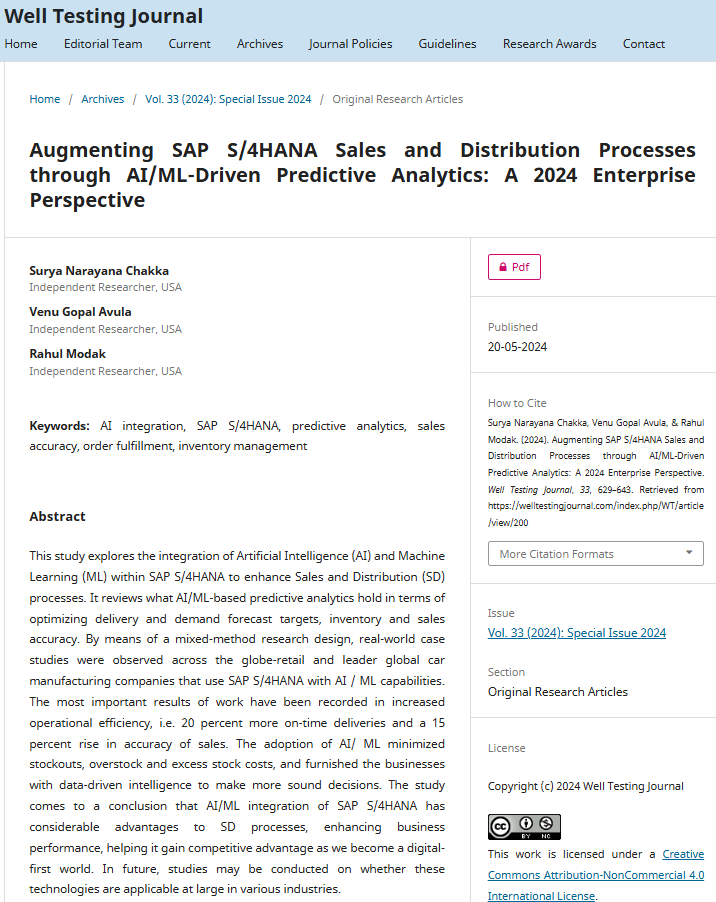 Article: Augmenting SAP S/4HANA Sales and Distribution Processes through AI/ML-Driven Predictive Analytics: A 2024 Enterprise Perspective
