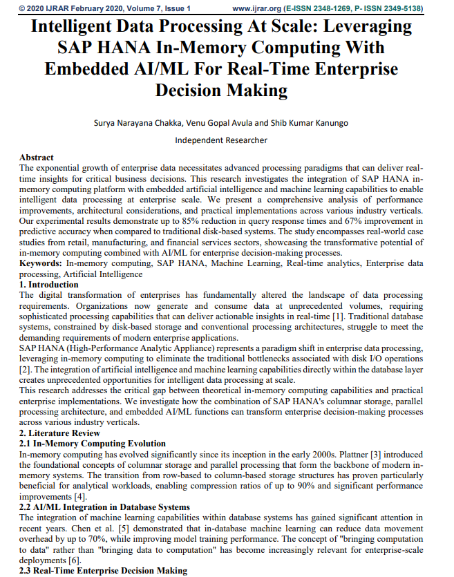 Article: Intelligent Data Processing at Scale: Leveraging SAP HANA In-Memory Computing with Embedded AI/ML for Real-Time Enterprise Decision Making