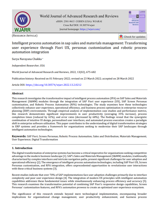 Article: Intelligent Process Automation in SAP Sales and Materials Management: Transforming User Experience Through Fiori UX, Personas Customization, and Robotic Process Automation Integration