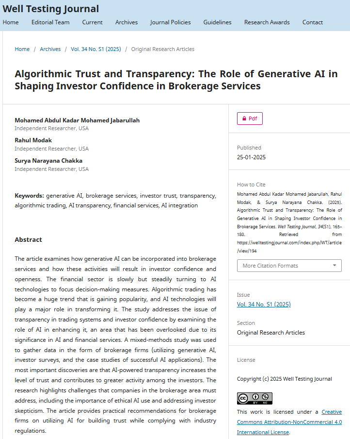 Article: Algorithmic Trust and Transparency: The Role of Generative AI in Shaping Investor Confidence in Brokerage Services