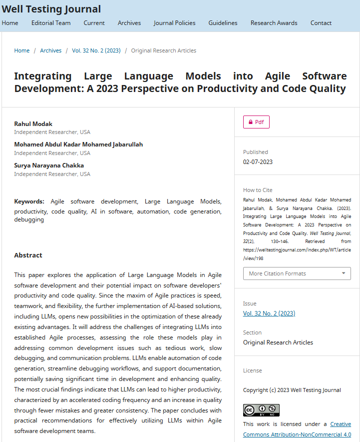 Article: Integrating Large Language Models into Agile Software Development: A 2023 Perspective on Productivity and Code Quality
